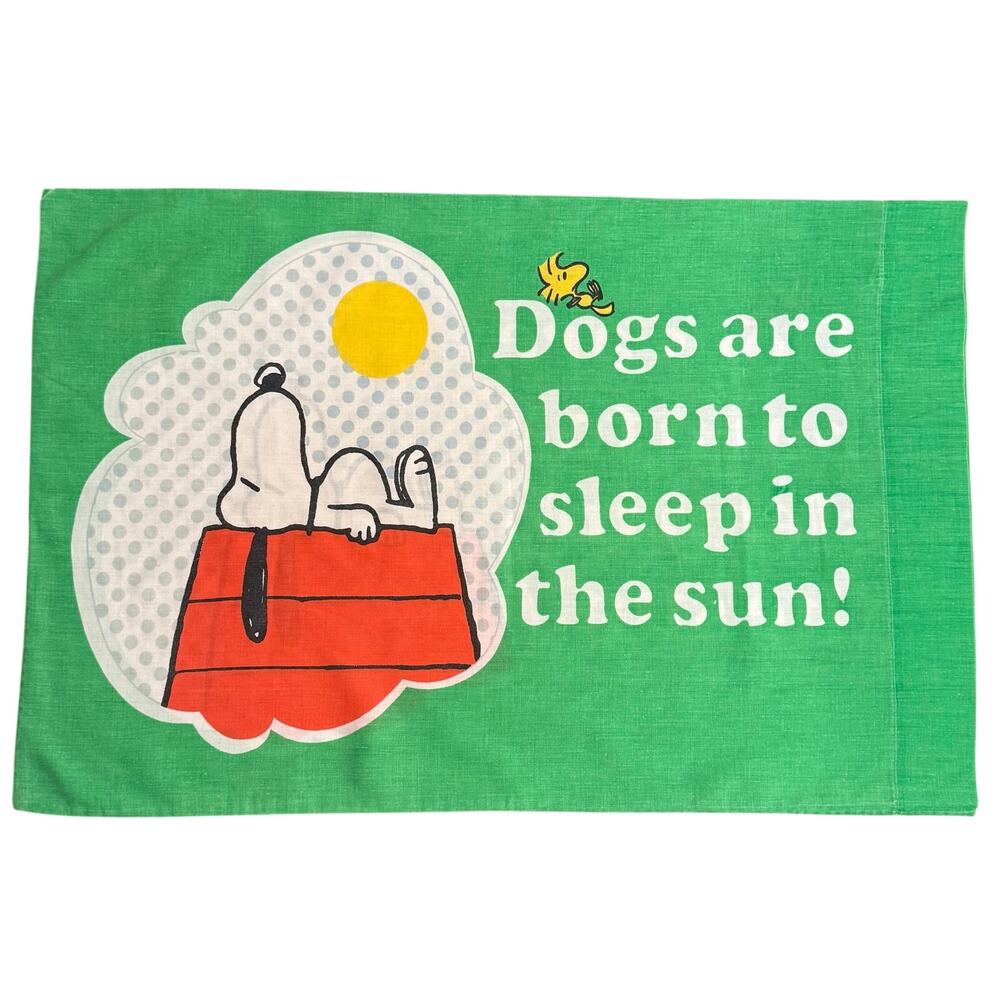 VTG Peanuts Snoopy Woodstock Doghouse Pillowcase Muslin Sears Roebuck 70s Green